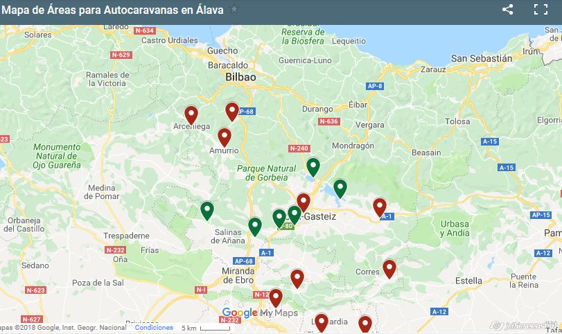 Un gran mapa informa de las áreas y servicios para autocaravanas en Álava